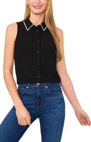 CeCe Scallop Trim Sleeveless Button-Up Shirt