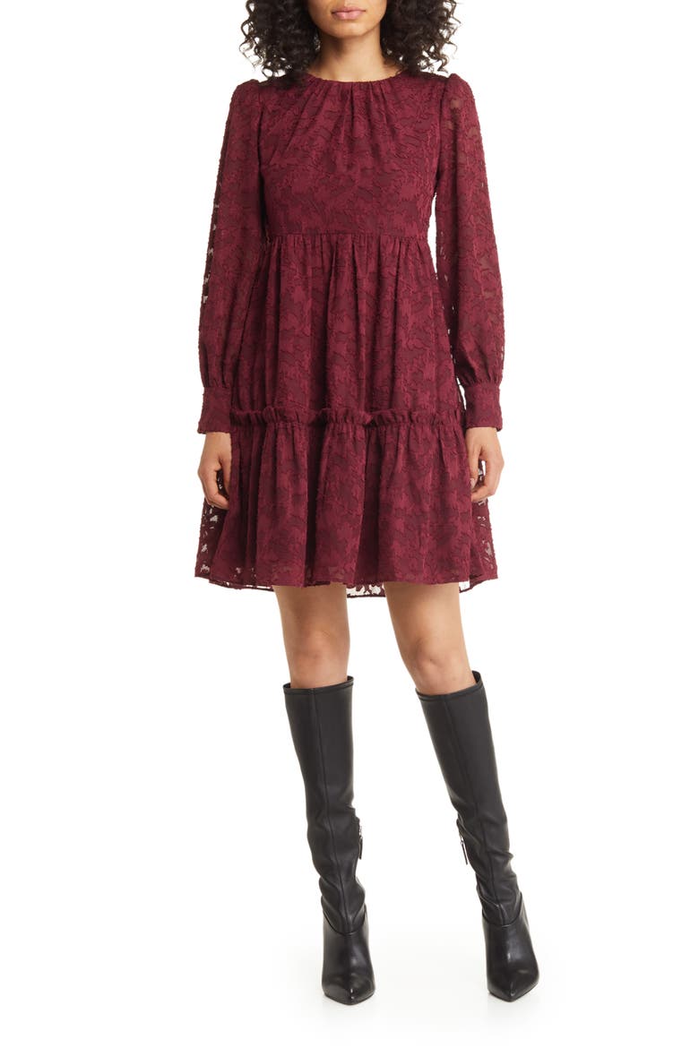 Floral Lace Long Sleeve Tiered Dress, Main, color, WINE