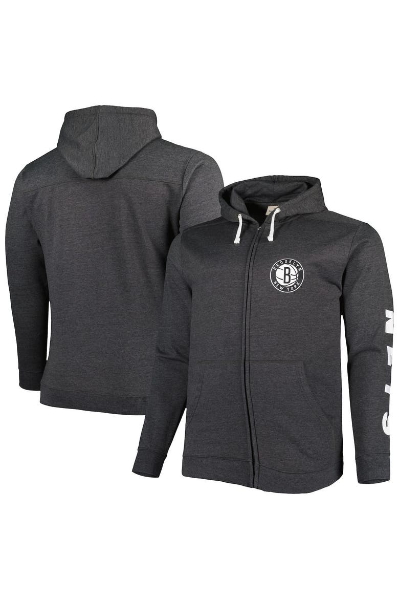 Men's Fanatics Branded Heathered Black Brooklyn Nets Big & Tall Down and Distance Full-Zip Hoodie, Main, color, Heather Black