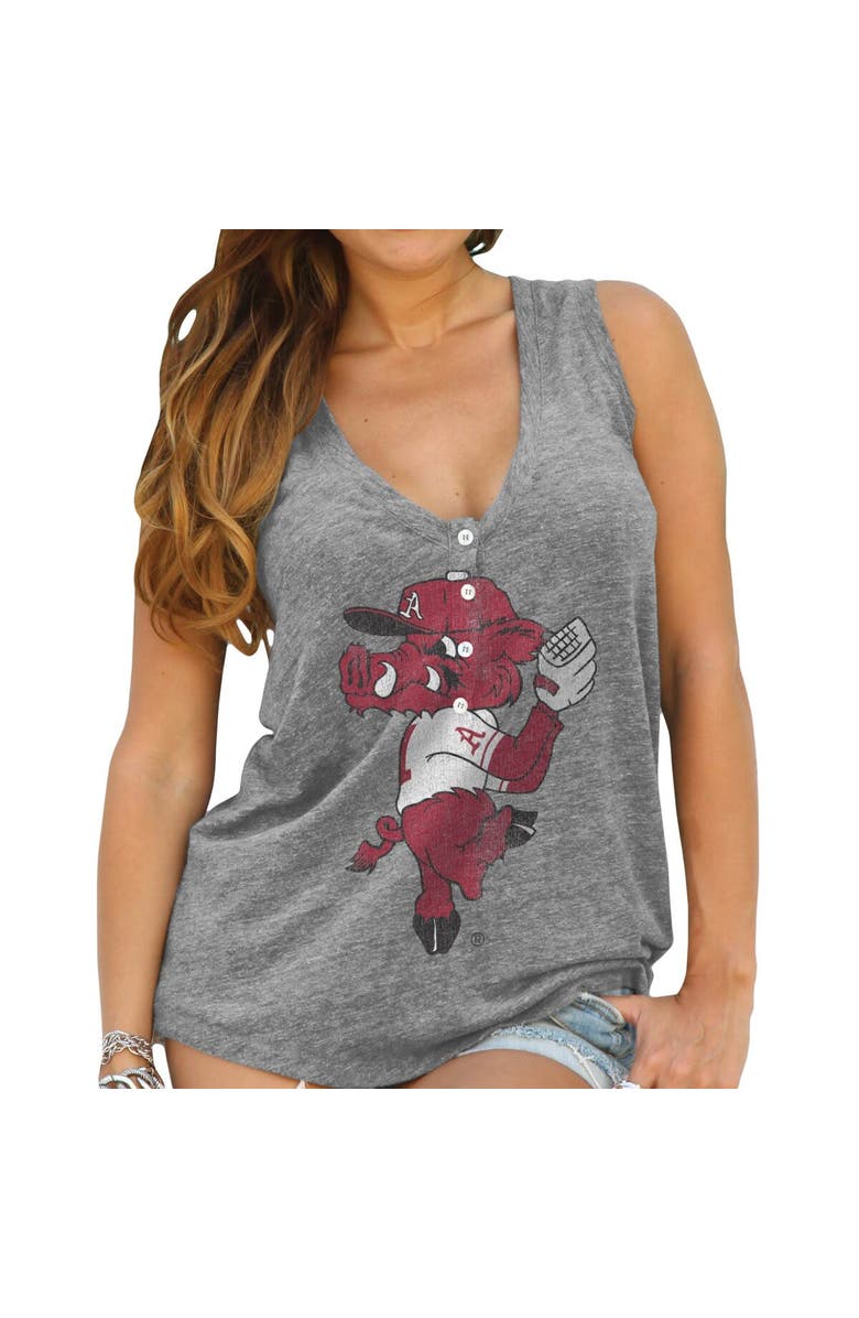 Retro Brand Women's Original Retro Brand Heathered Gray Arkansas Razorbacks Relaxed Henley Tri-Blend V-Neck Tank Top, Alternate, color, Heather Gray