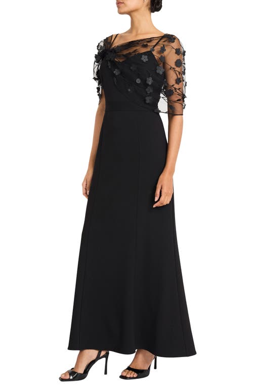 Maggy London Floral Appliqué Convertible Sleeve Gown In Black