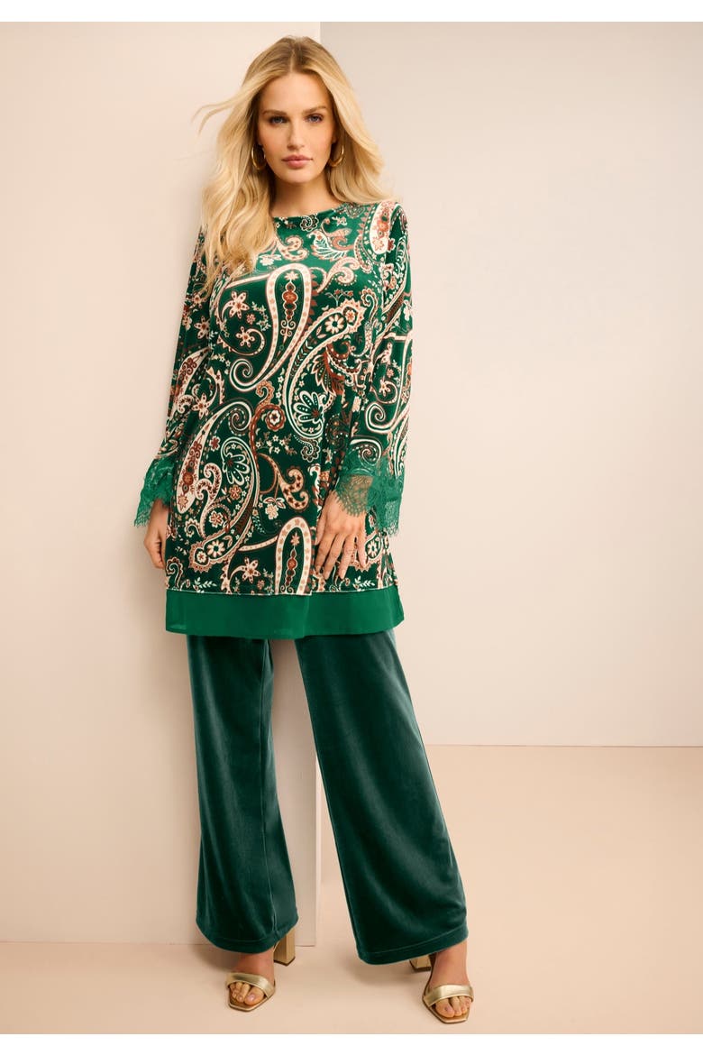 Lace Trim Velour Tunic, Alternate, color, EMERALD GREEN