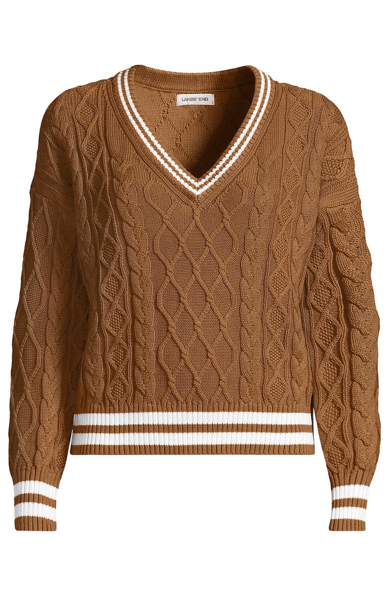 Lands' End Drifter Cable Vneck Sweater, Alternate, color, 