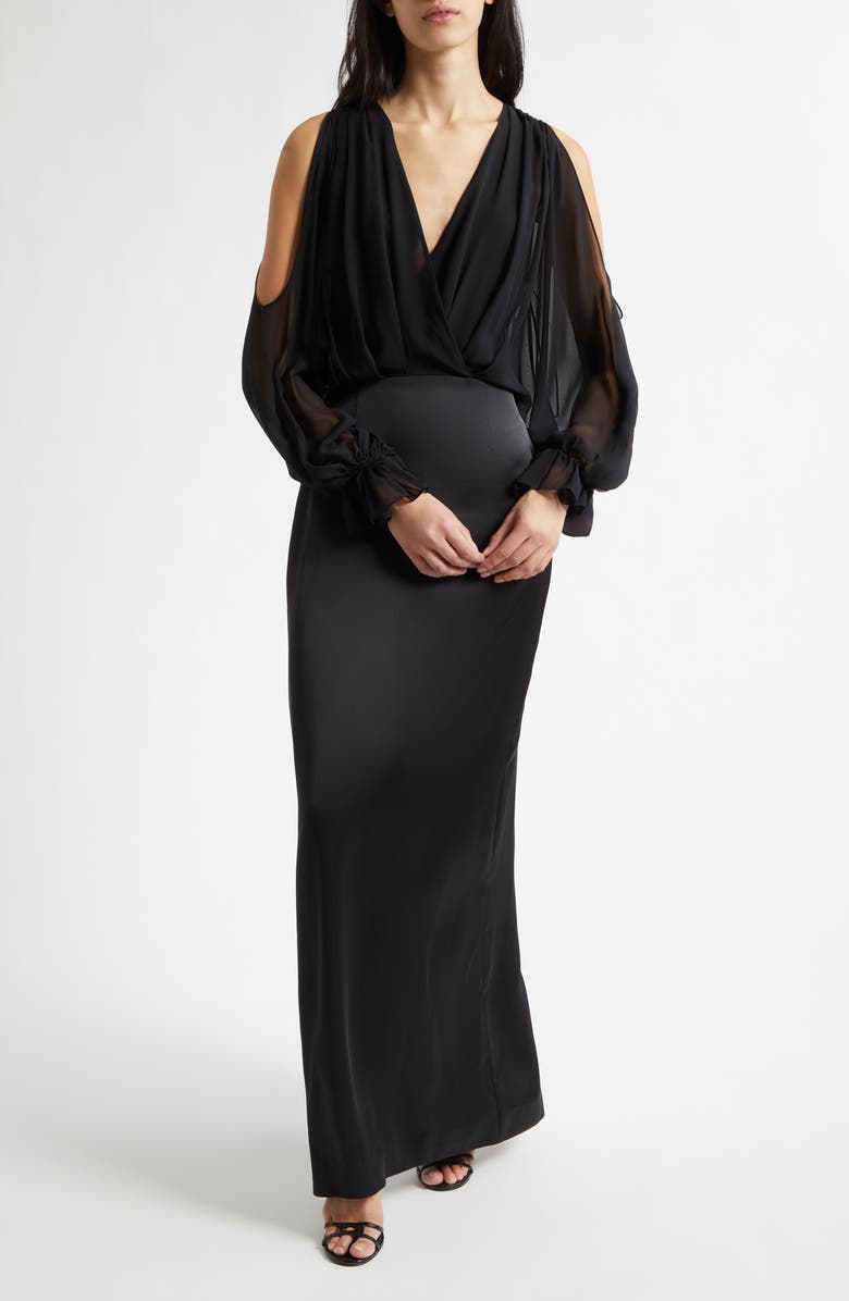 Ramy Brook Leesa Long Sleeve Mixed Media Gown, Main, color, Black