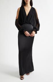 Ramy Brook Leesa Long Sleeve Mixed Media Gown