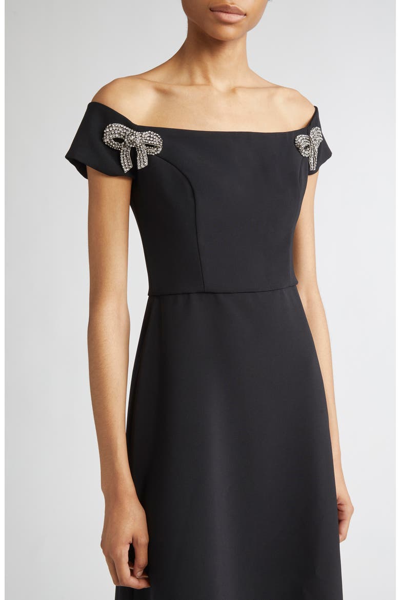 Crystal Bow Off the Shoulder Stretch Crepe Midi Dress, Alternate, color, BLACK