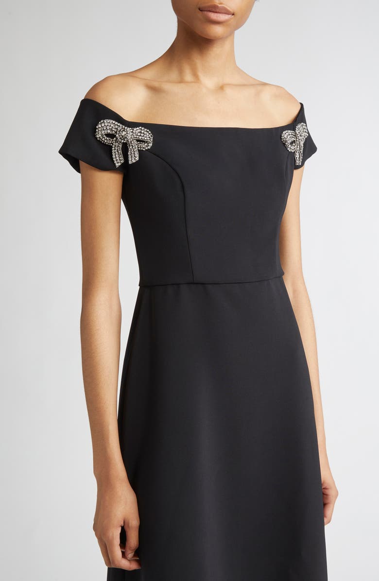 Carolina Herrera Crystal Bow Off the Shoulder Stretch Crepe Midi Dress, Alternate, color, Black