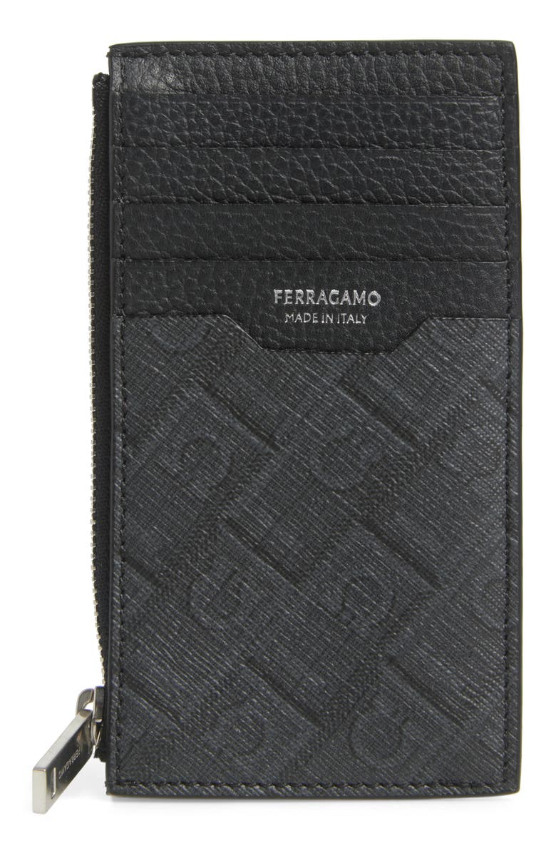 FERRAGAMO Monogram Coated Canvas & Leather Zip Card Holder, Main, color, Nero/ Grigio Flame Red