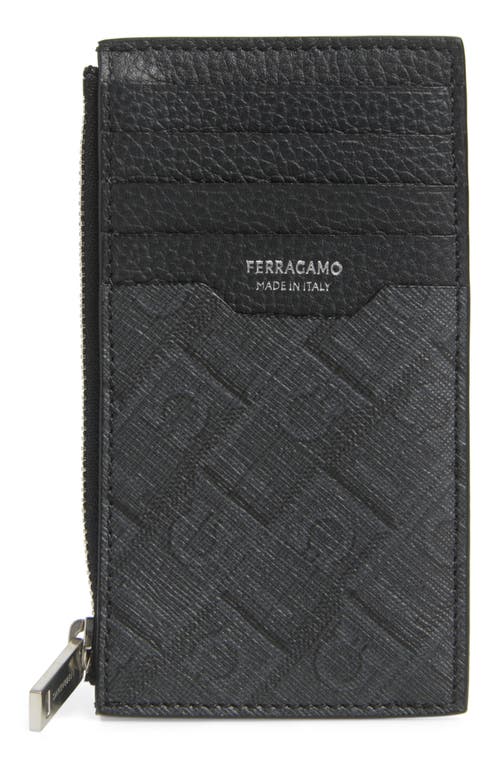 Ferragamo Monogram Coated Canvas & Leather Zip Card Holder In Nero/grigio Flame Red