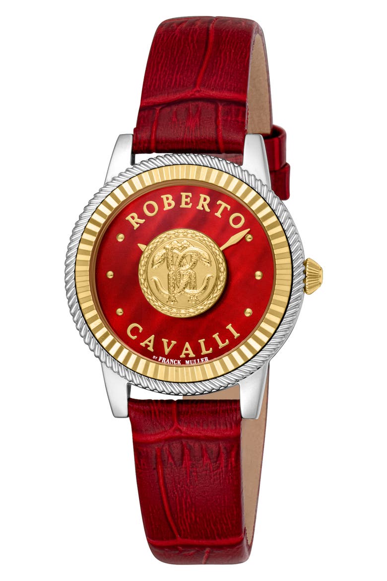 Mother-of-Pearl Leather Strap Watch, 30mm, Main, color, RED