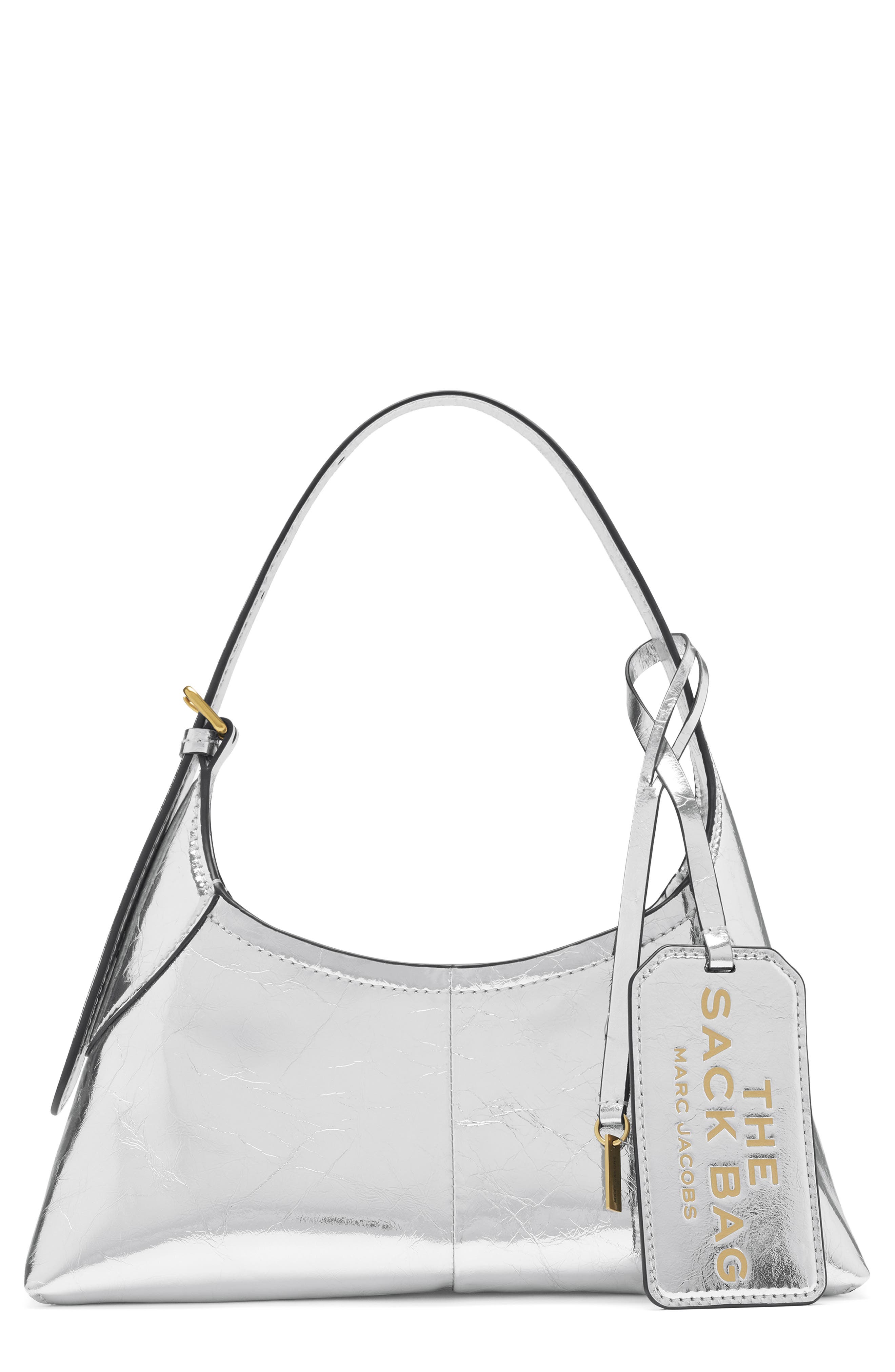 The Small Crinkle Leather Belted Sack Bag, Main, color, SILVER