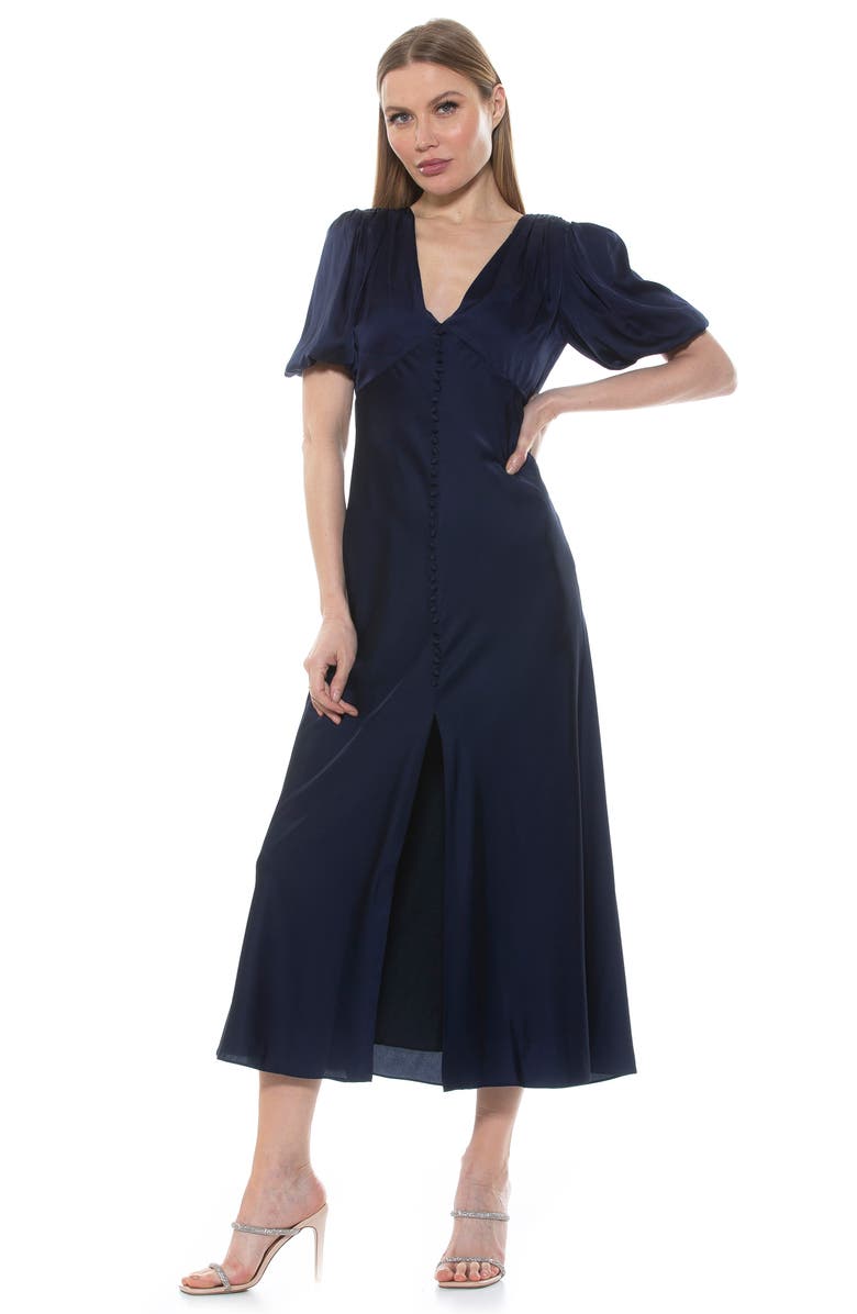 Alexia Admor Lorelei V-Neck Bubble Sleeve Midi Dress, Alternate, color, Navy