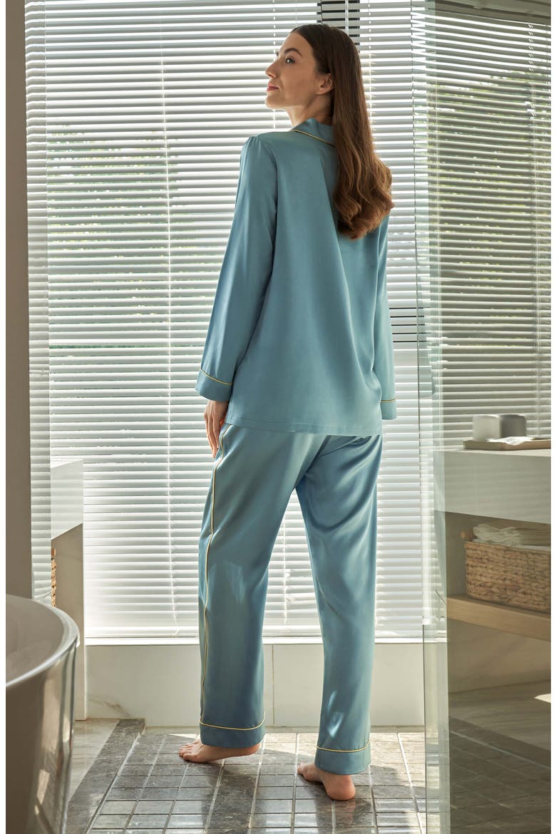 Women's Gold Piping Silk Pajamas Set, Alternate, color, Blue Haze