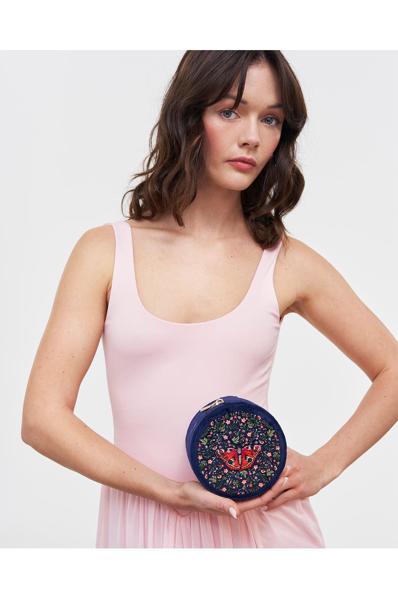 Butterfly Velvet Embroidered Circle Jewellery Box, Alternate, color, Navy