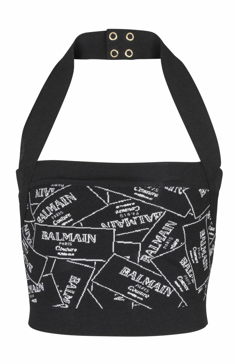 Balmain Knit Halterneck Top With Balmain Label Motif, Main, color, Black