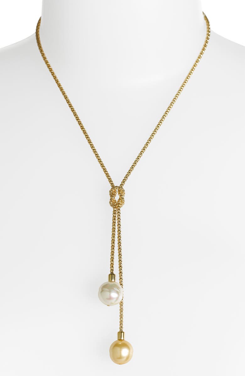 Majorica 'Love Knot' 14mm Pearl Lariat Necklace, Main, color,