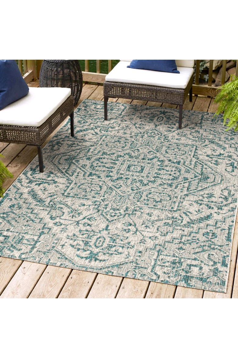 Estrella Bohemian Medallion Textured Weave Indoor/Outdoor Area Rug, Alternate, color, Teal/Gray