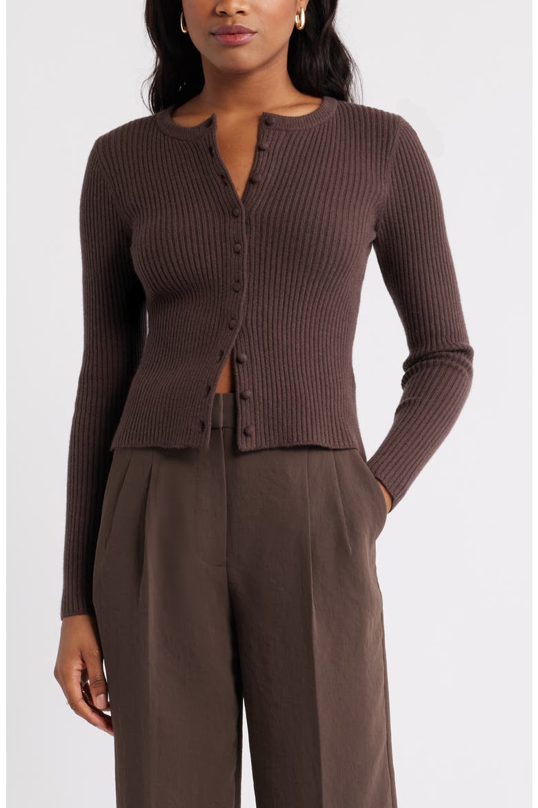 Ribbed Crewneck Cardigan, Main, color, BROWN SEAL