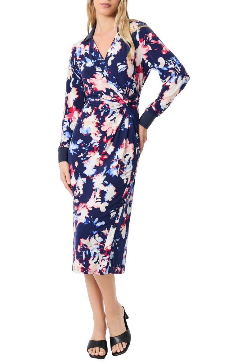Floral Long Sleeve Collared Faux Wrap Midi Dress, Main, color, PACIFIC NAVY MULTI