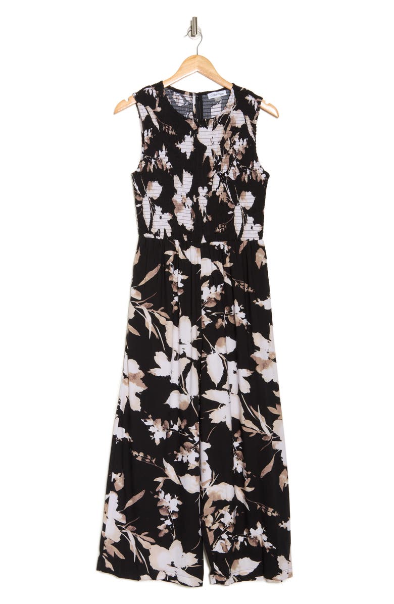 Calvin Klein Floral Sleeveless Smocked Wide Leg Jumpsuit, Alternate, color, Black Multi