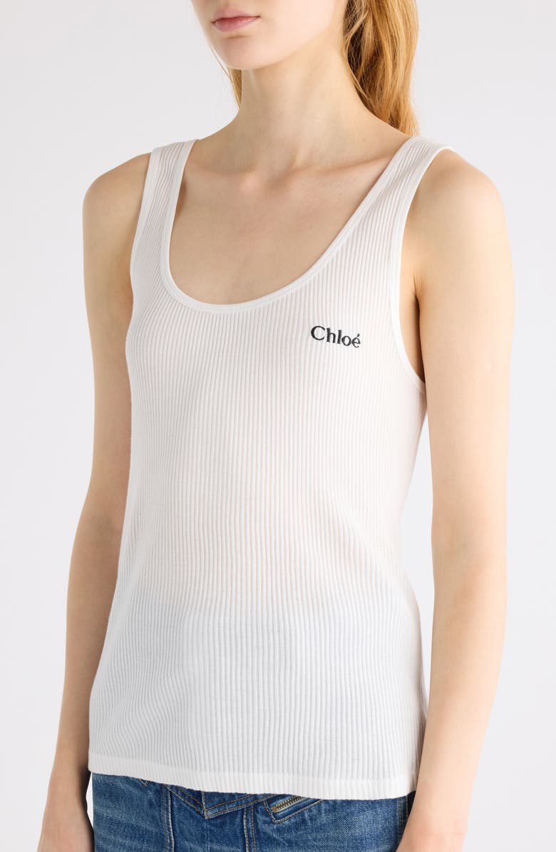 Chloé Logo Embroidered Cotton Rib Tank, Alternate, color, White