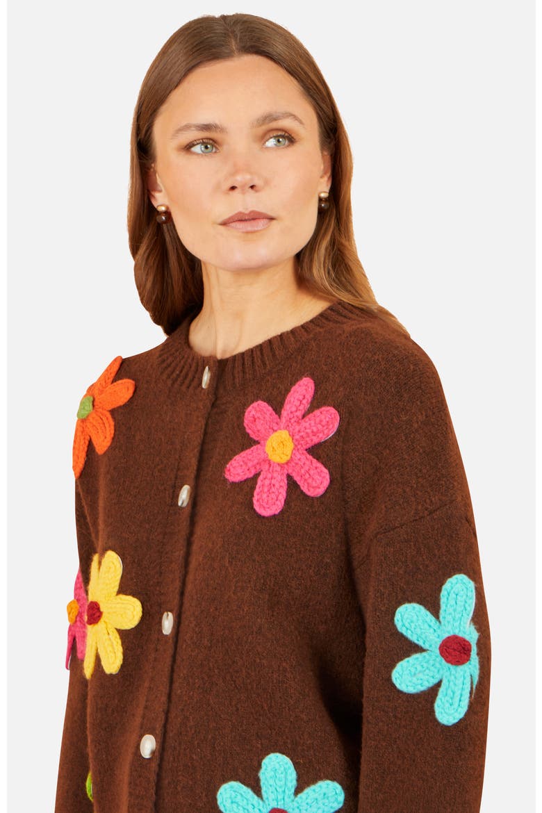 Knitted Flower Applique Cardigan, Alternate, color, Brown
