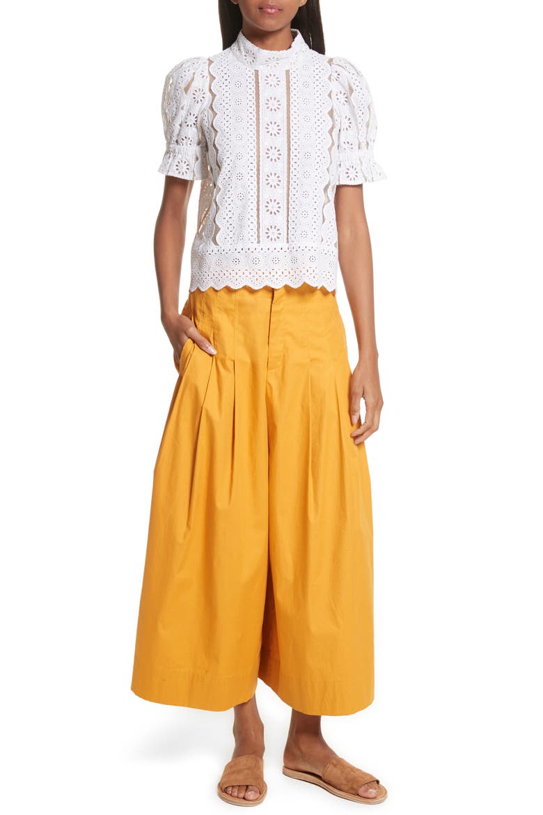 Sea Luna Cotton Eyelet Top, Alternate, color, WHITE WITH NUDE MESH