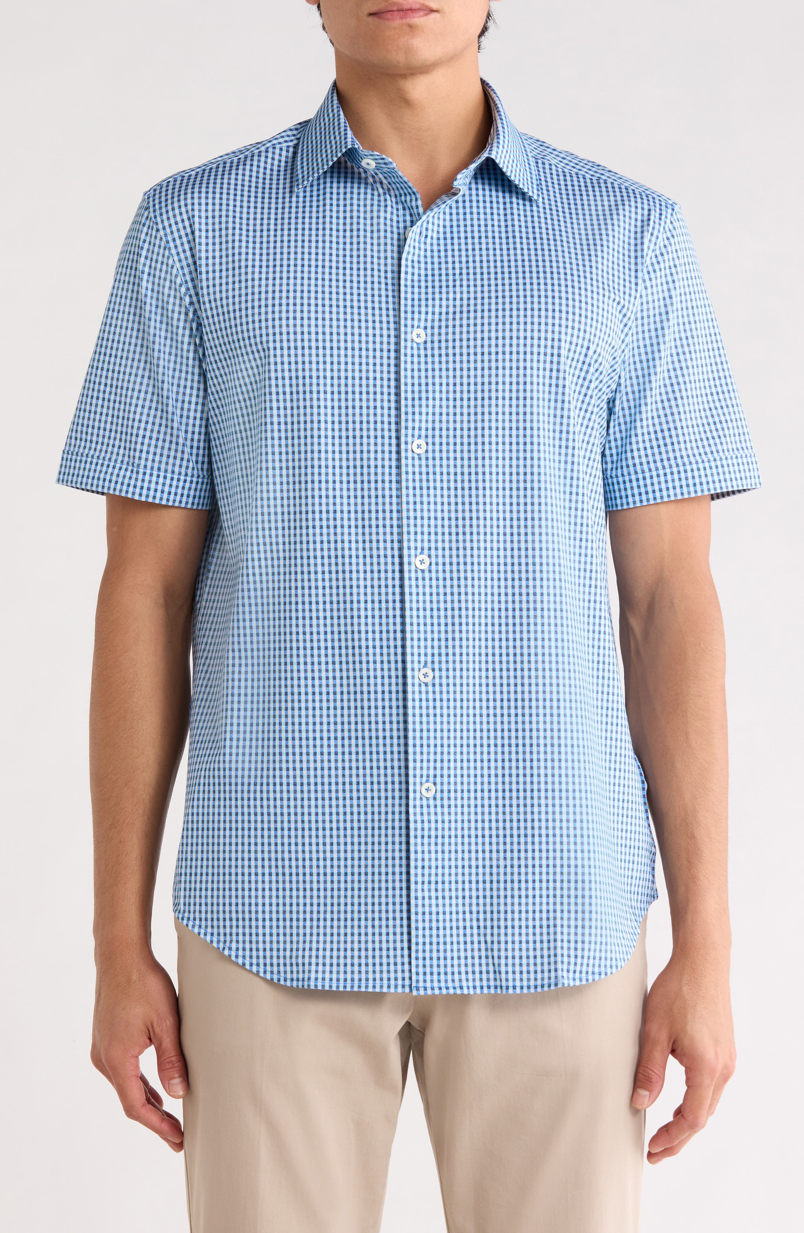 Bugatchi Plaid Stretch Cotton Short Sleeve Button-Up Shirt