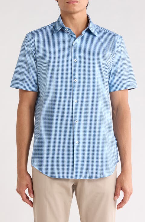 Plaid Stretch Cotton Short Sleeve Button-Up Shirt