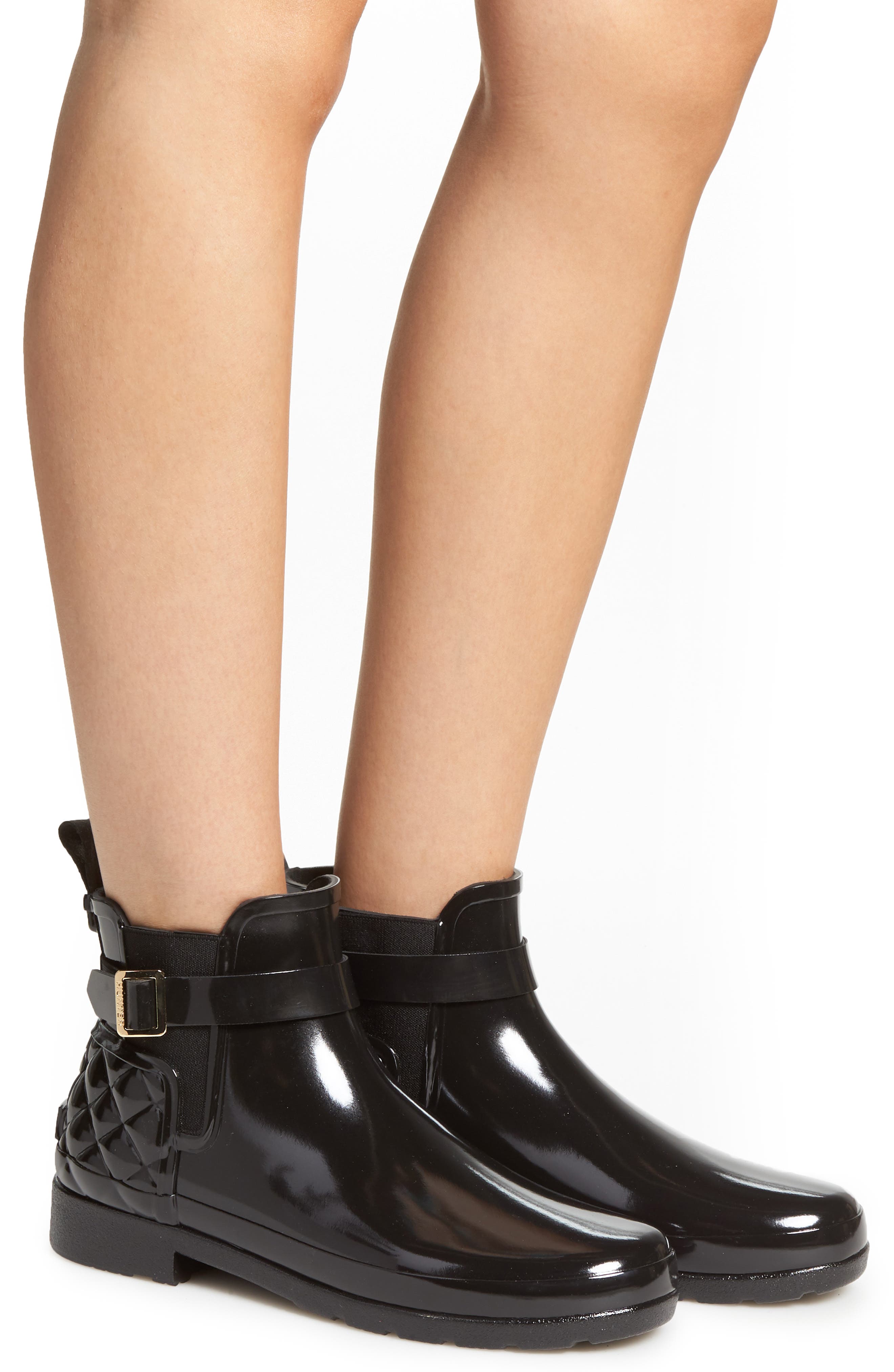 Hunter Original Refined Quilted Gloss Chelsea Waterproof Boot, Alternate, color, Black