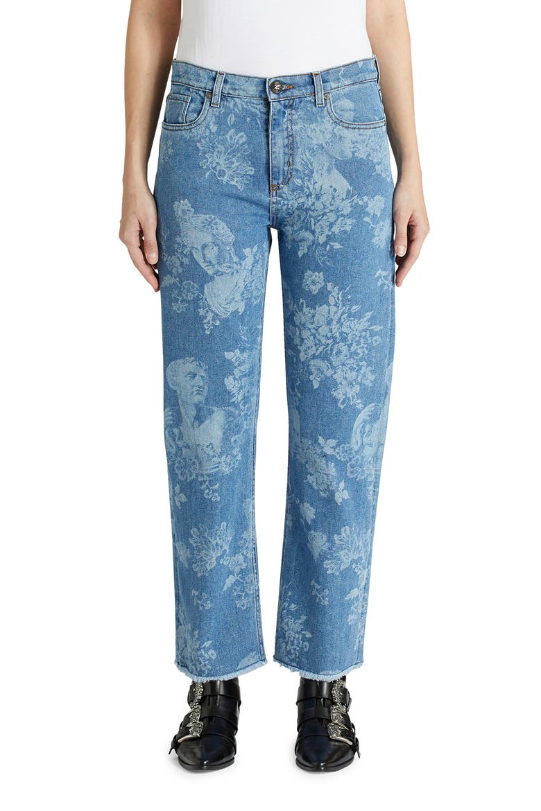 Floral & Bust Print Fray Hem Jeans, Main, color, NAVY