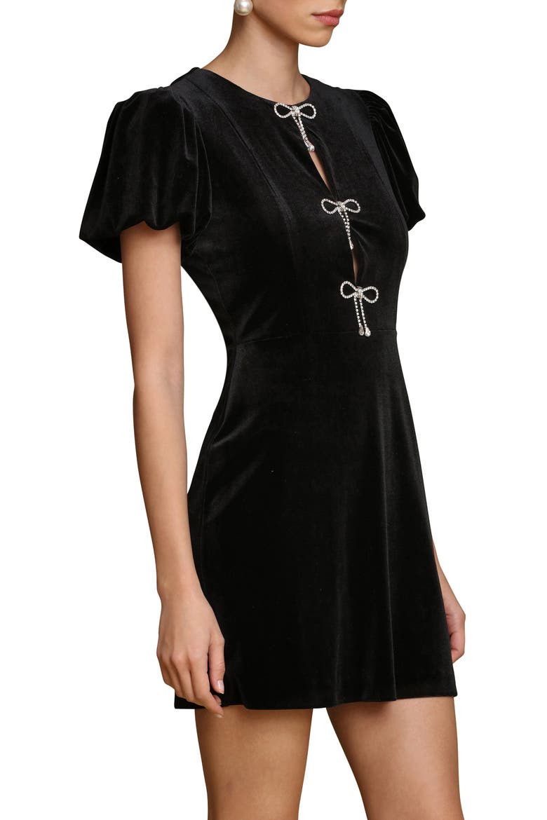 Embellished Bow Velvet Minidress, Alternate, color, BLACK