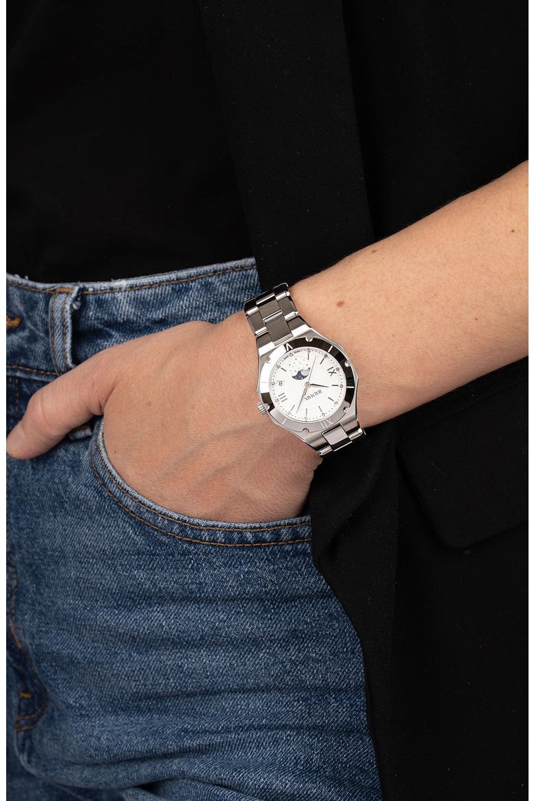 Be Balmain Diamond Moon Phase Bracelet Watch, 33mm, Alternate, color, STAINLESS STEEL