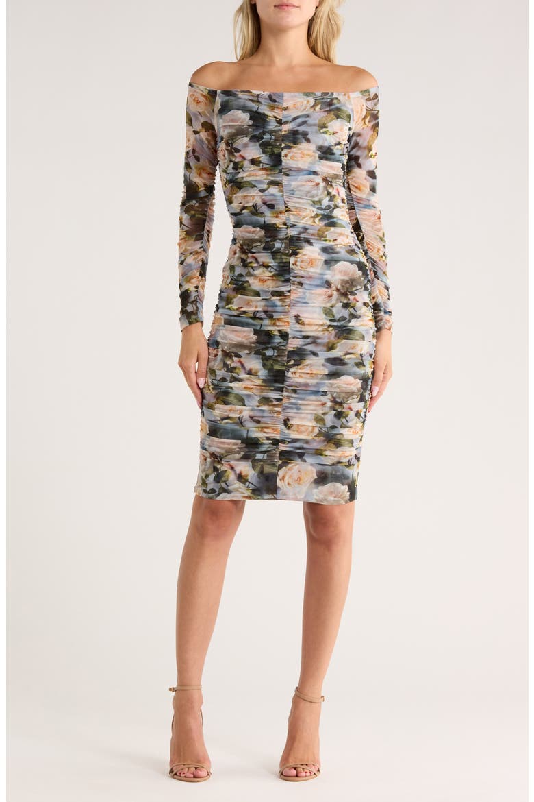 Morgana Off the Shoulder Ruched Mesh Dress, Main, color, MULTI DISTRESSED FLORAL