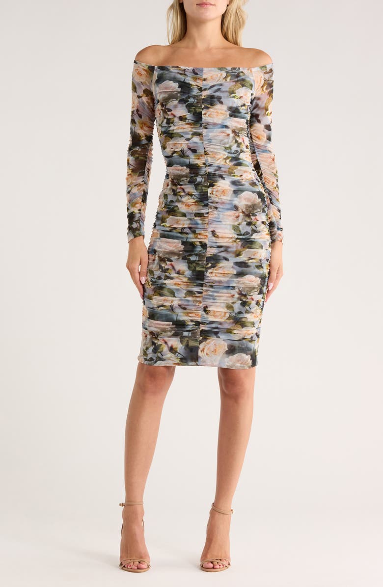 L'AGENCE Morgana Off the Shoulder Ruched Mesh Dress, Main, color, Multi Distressed Floral