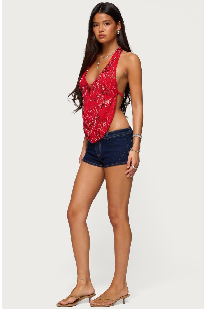 Beaded Cowl Neck Open Back Halter Top, Alternate, color, RED