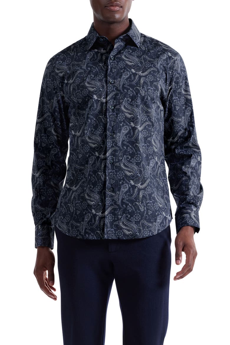 Axel Trim Fit Paisley Stretch Cotton Button-Up Shirt, Main, color, NAVY