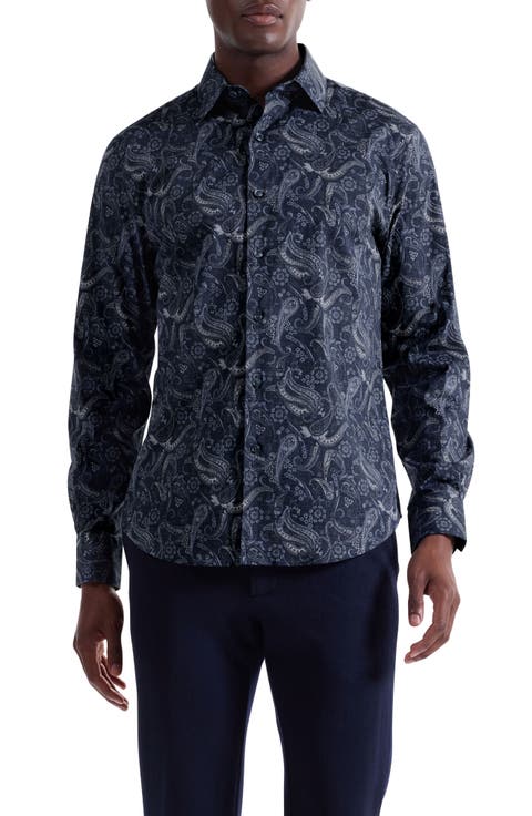 Axel Trim Fit Paisley Stretch Cotton Button-Up Shirt