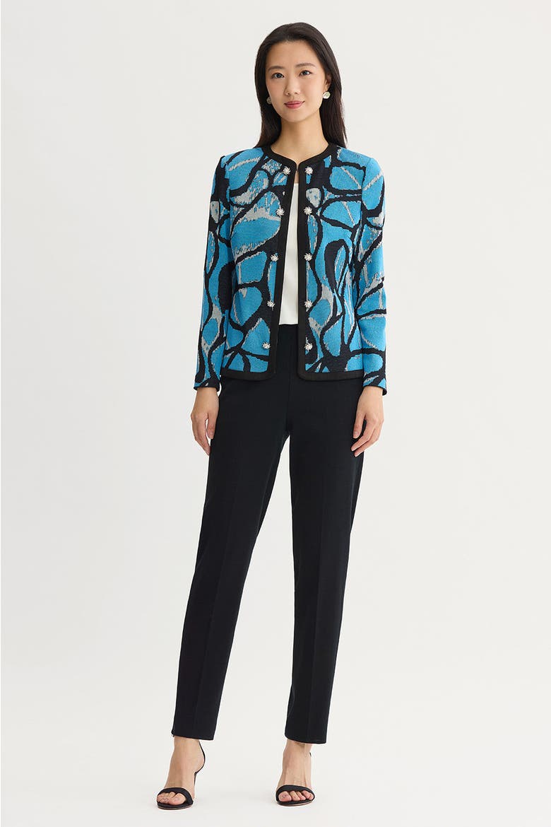 Abstract Jacquard Suede Trim Knit Jacket, Alternate, color, Tranquil Blue