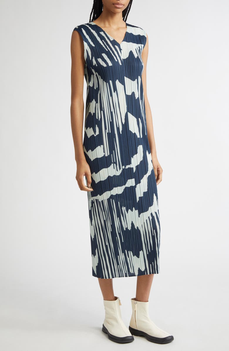 Pleats Please Issey Miyake Refraction Print Pleated Midi Dress, Alternate, color, Grayish Navy