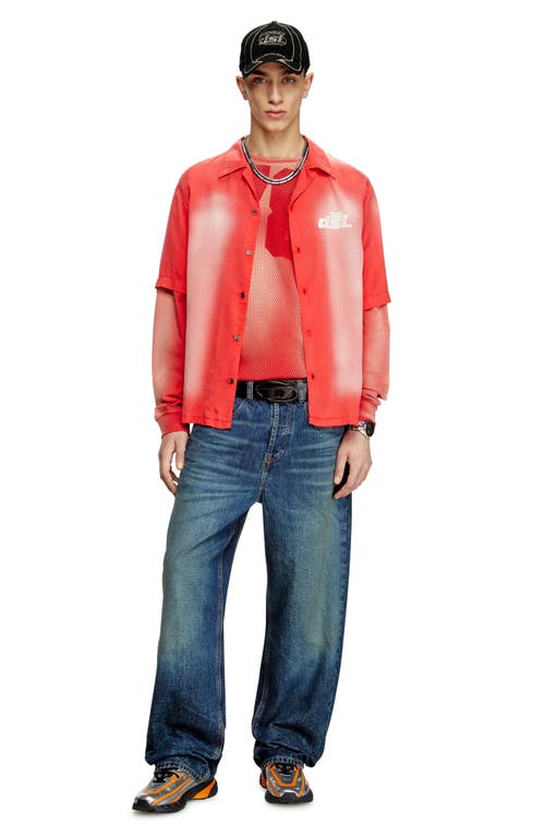 Diesel Faded Bowling Shirt With Logo Prints In Formula Red