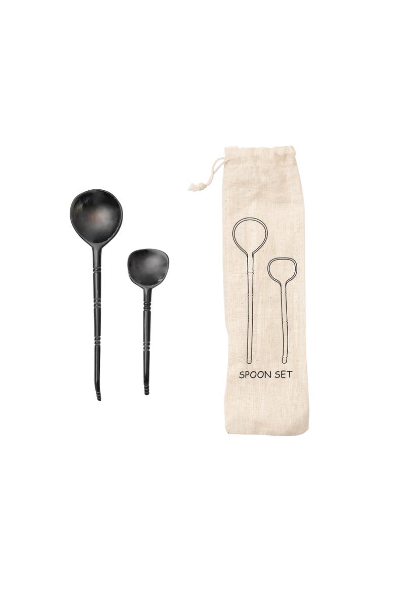 Bloomingville Horn Spoons, Set of 2 in Printed Drawstring Bag, Main, color, Brown