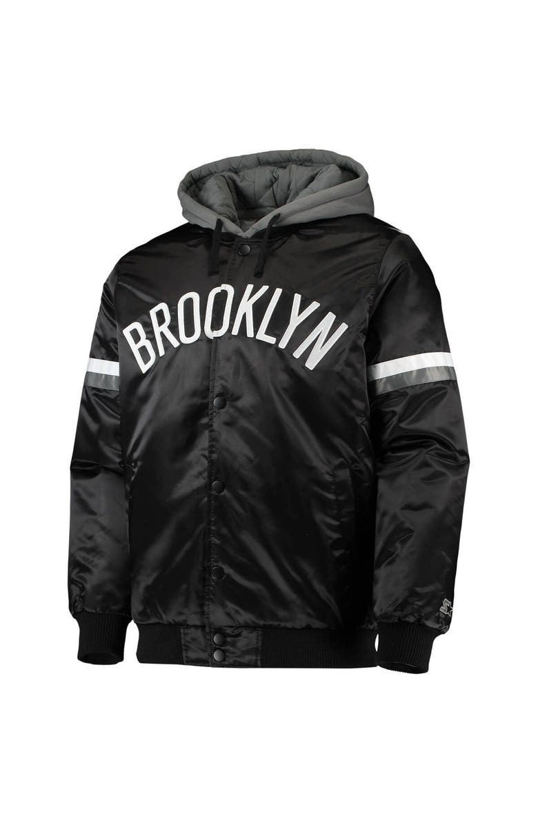 STARTER Men's Starter Black/Gray Brooklyn Nets NBA 75th Anniversary Full-Snap Varsity Hoodie Jacket, Alternate, color, 