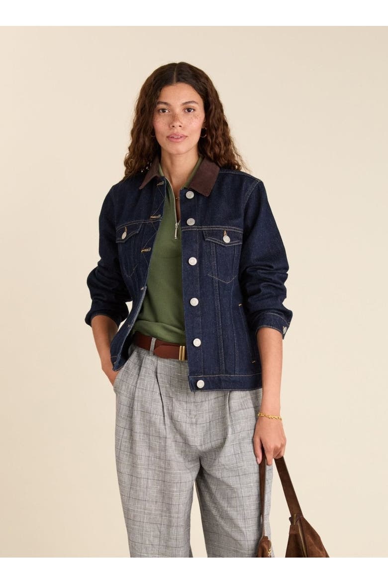 Nalan Denim Trucker Jacket, Alternate, color, Dark Denim & Dark Chocolate