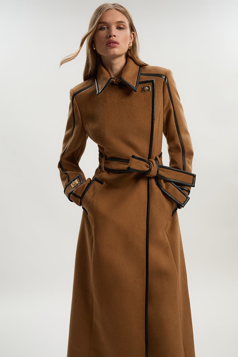 Wool PU Belted Midi Coat, Alternate, color, Camel