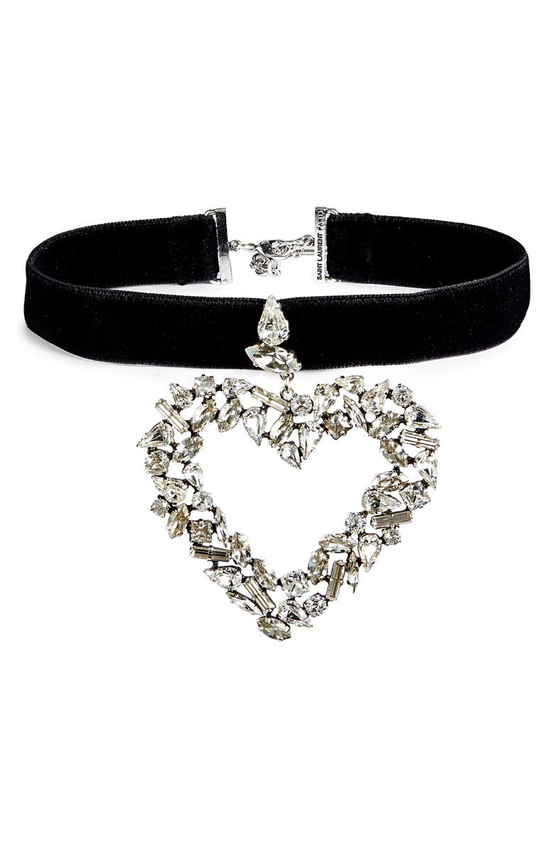 Saint Laurent Oversize Heart Pendant Choker Necklace, Main, color, 8334 Argent Oxyde/ Crystal