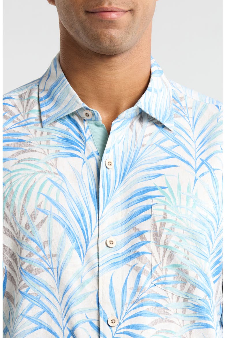 Palm Dancer Leaf Print Short Sleeve Silk Button-Up Shirt, Alternate, color, BANFF BLUE