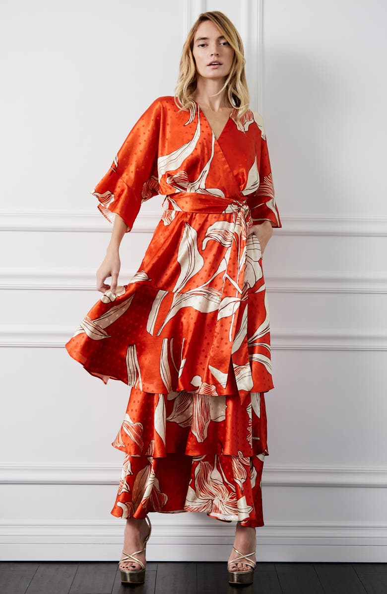 CIEBON Calix Floral Dot Jacquard Tiered Satin Maxi Dress, Alternate, color, Coral Red Multi