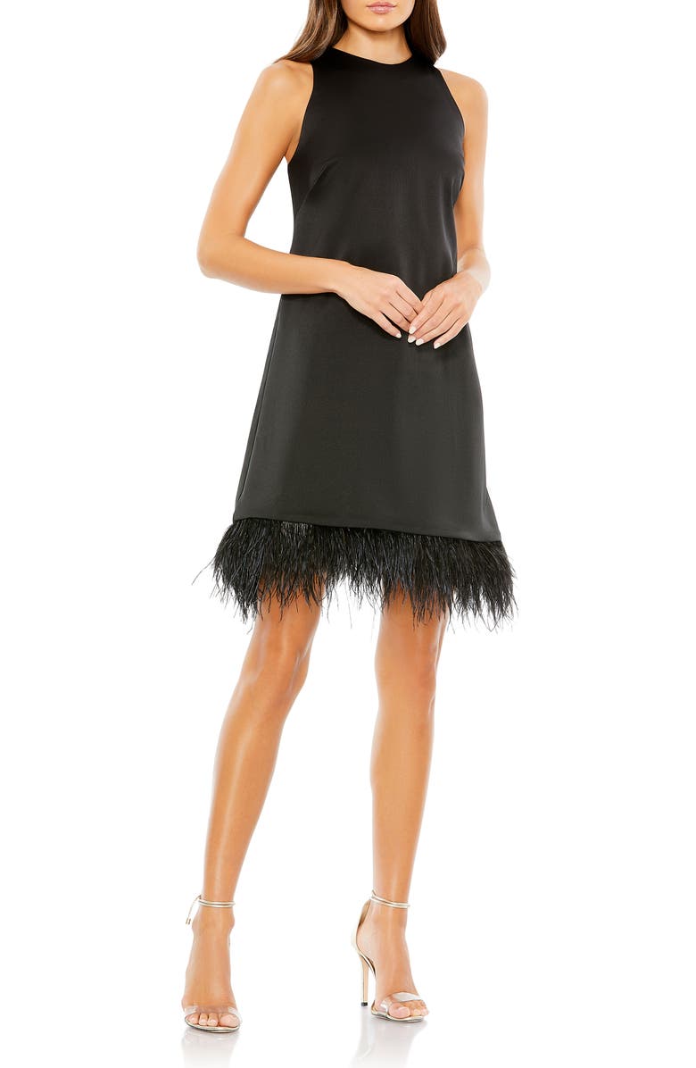 Mac Duggal Feather Hem High Neck A-Line Dress, Main, color, Black