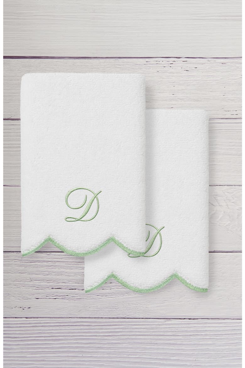 Adornia Scallop Personalized Monogram 2-Piece Washcloth Set, Alternate, color, WHITE/ GREEN D